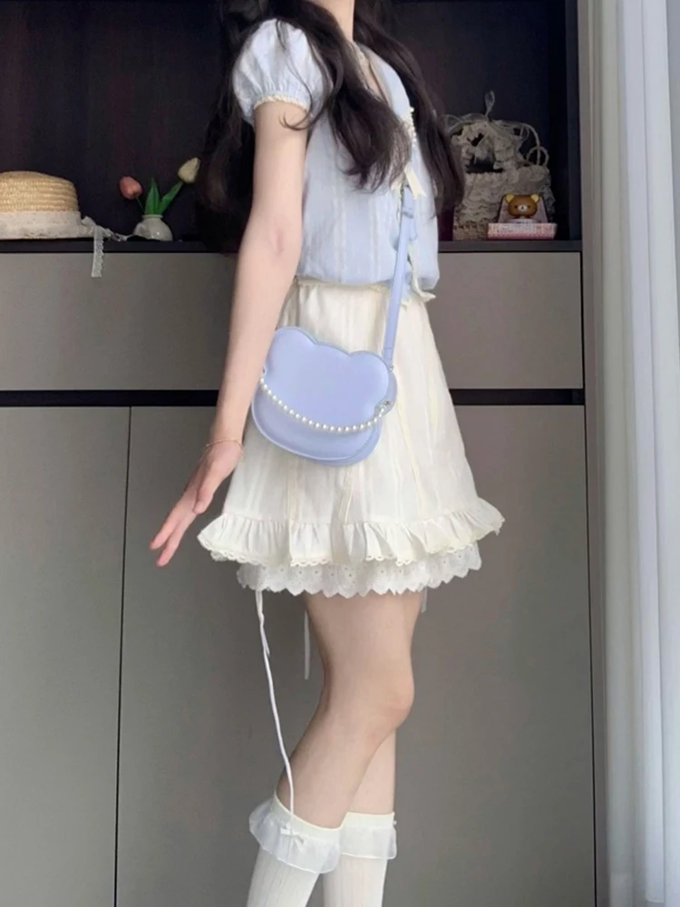 Bleu ort Sve irt Dr Femmes Été Nouveau sentiment haut de gamme Clete Ensemble jupe ort Coréenne Sle Taille haute Polyester...