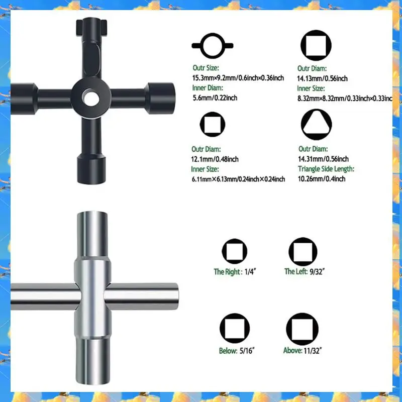 FTS 2 ชิ้นประแจกุญแจ 4 ทิศทาง,กุญแจยูทิลิตี้น้ํามัลติฟังก์ชั่น,ประแจเหล็กสําหรับก๊อกน้ํา,ผ้ากันเปื้อนท่อ,ก๊อกน้ําและอื่นๆ