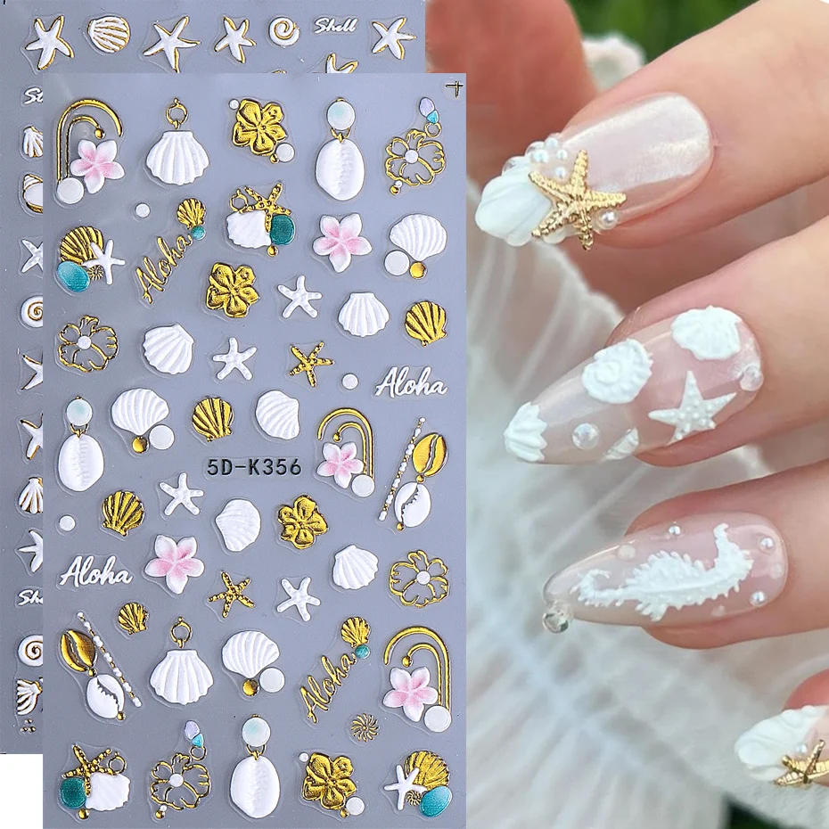5D Summer Beach Ocean Shells Starfish Nail Stickers Conch Stars Embossed Nail Art Supplies Decals Manicure Charm Decoration DIY