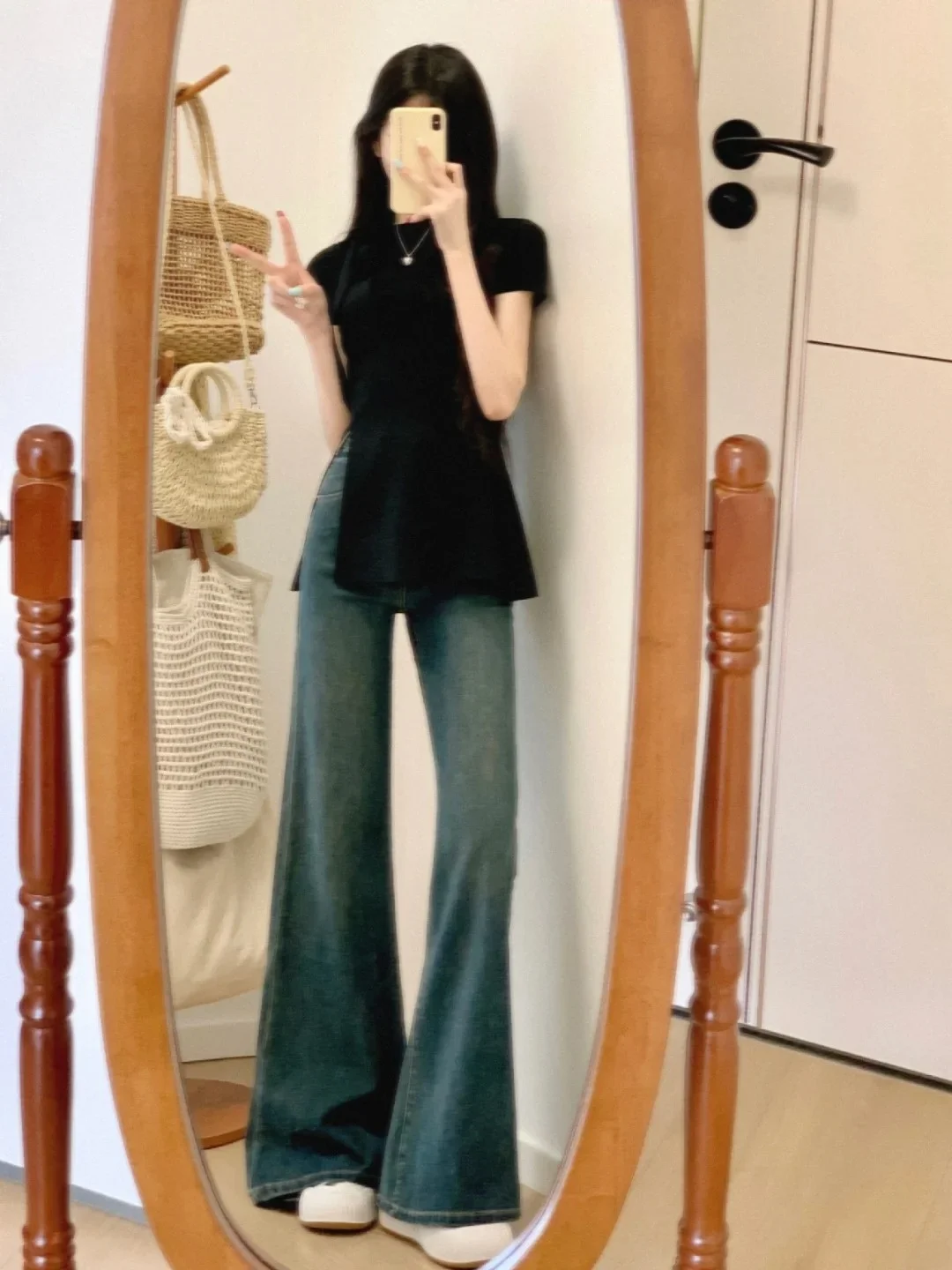Deep Blue Non-Fitting Micro Flare Jeans Women's Thin Summer High Waist A-line Wide Leg Floor Length Pants Straight Cut