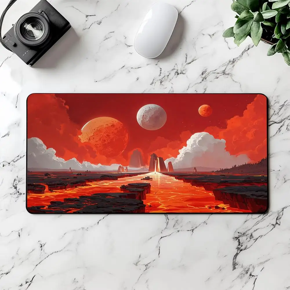 Alien Red Lava Planet Sci‑Fi Landscape Playmat Volcanic Lava River Multi‑Moons Outer Space Rubber Large Keyboard Desk Mat TCG