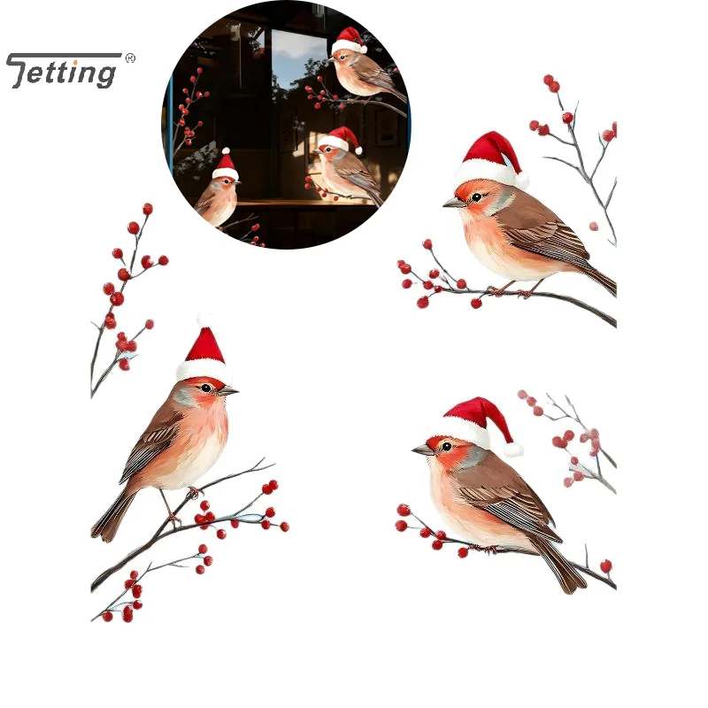 Three Birds In Santa Hats Window Stickers Christmas Theme Red Berry Branches Decoration Wall Stickers Glass Decal Poster