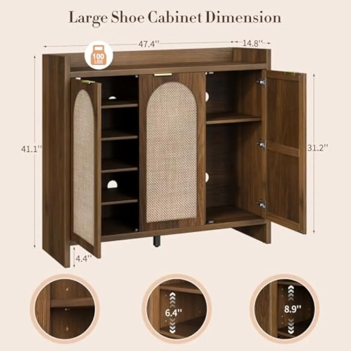 Rattan-Front Entryway Cabinet with Six Adjustable Tiers and Ventilated Doors – Sturdy Engineered Wood Shoe Storage Unit Featurin