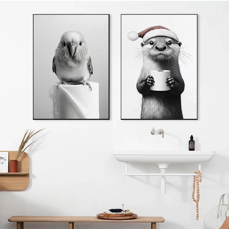 Black and White Animal Bathroom Poster Owl Christmas Countdown Otter Prints Canvas Painting Wall Art Picture Home Bathroom Decor