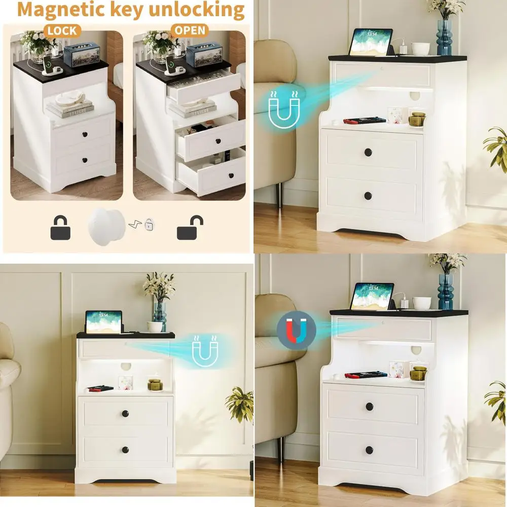 

Прикроватная тумбочка для спальни с зарядной станцией, тумба с 2 ящиками, прикроватный столик в стиле рустик, компактный приставной столик для гостиной, W