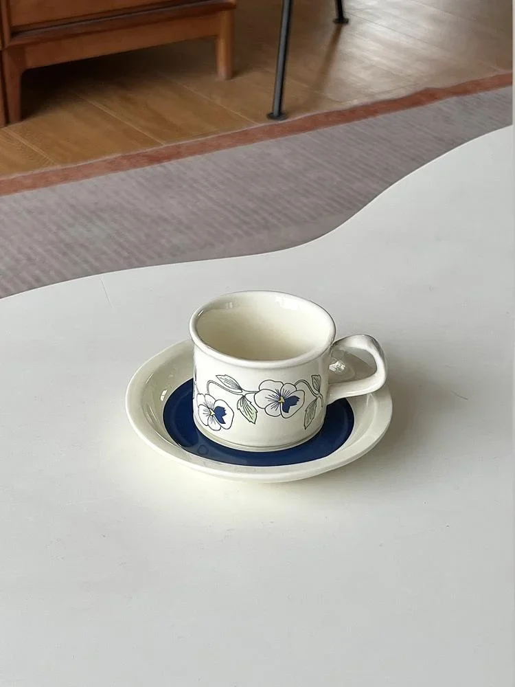 Retro Nordic Sle Cerc Coffee Cup Set with Saucer Cactus And Orchid Pattern ternoon Tea Set Handmade Crt Coffeeware