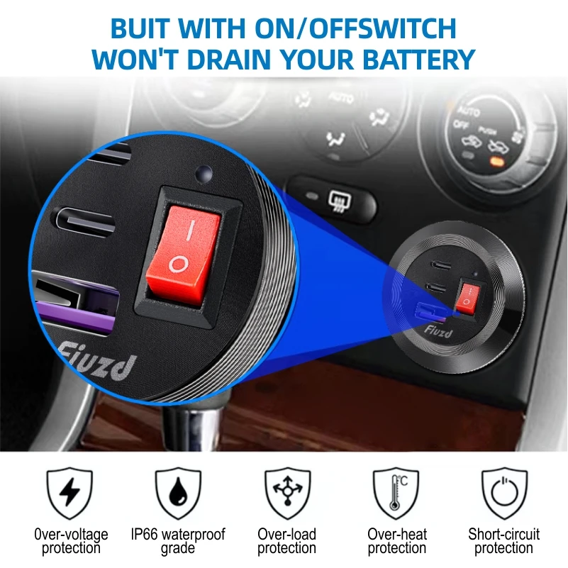 12V/24V USB Outlet 36W QC3.0 and PD Type C 3 Ports Car Charger Socket adapter charging adapter for 12v 24V Motorcycle Boat Marin