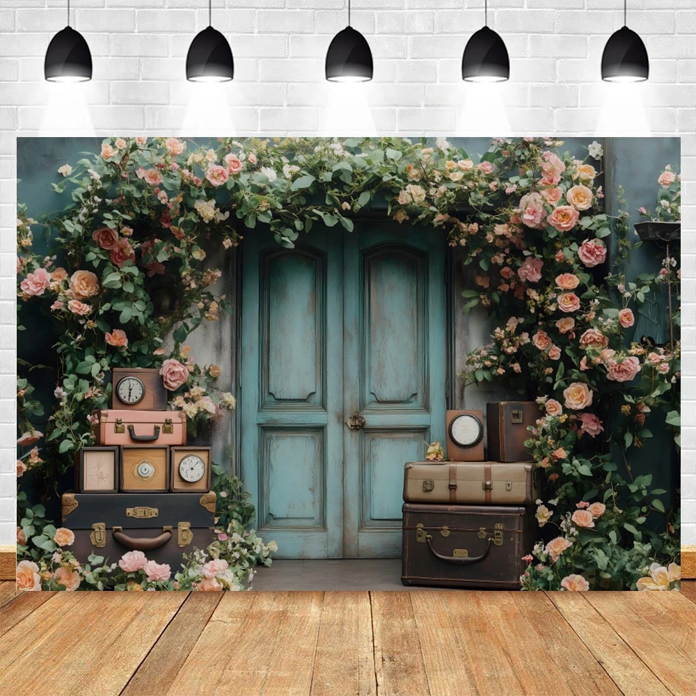 Spring Flower Photography Background Luggage Box Travel Photoshoot Backdrop Kids Portrait Birthday Party Decorations Banner Prop