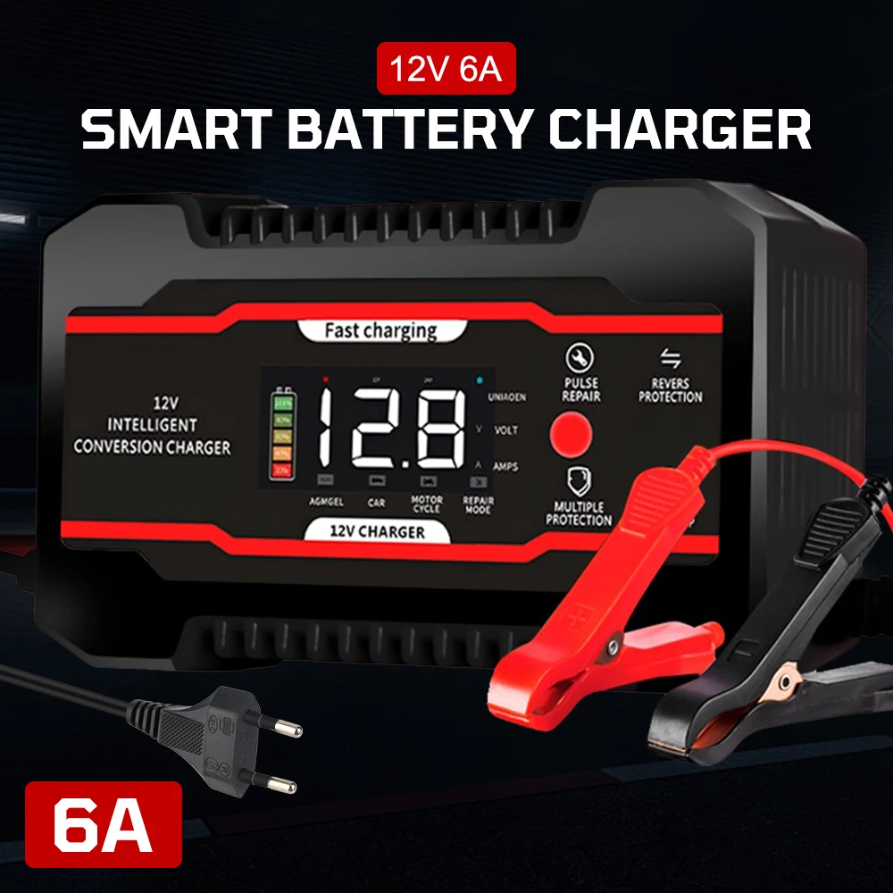 

6A 12V Car Battery Chargers Digital Intelligent Pulse Repair Fit For AGM GEL Lead Acid Batteries Storage Cell Chargers Device