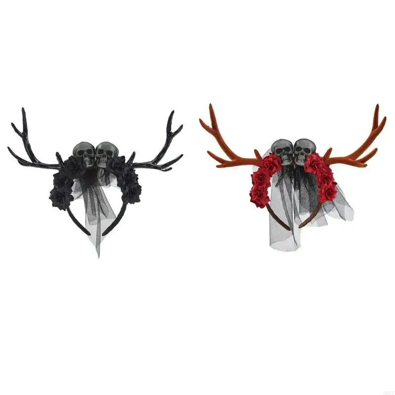 M6CC Goth Skull Headband Halloween Antler Headband Day Of the Dead Headband Deer Horn