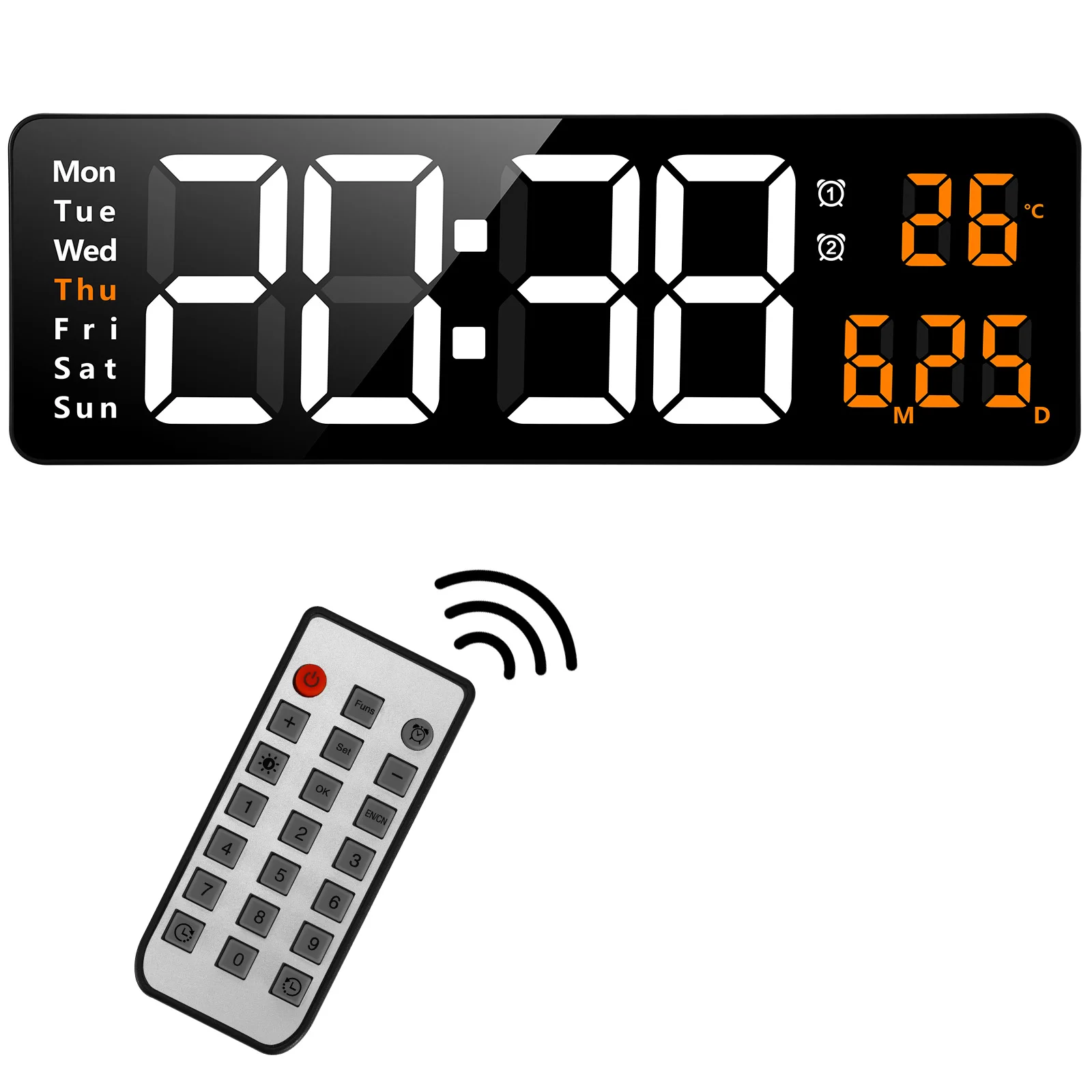 13 INCH Digital Wall Clock Large LED Display Remote Control Automatic Brightness Indoor Temperature Date Week 12/24H Home Office