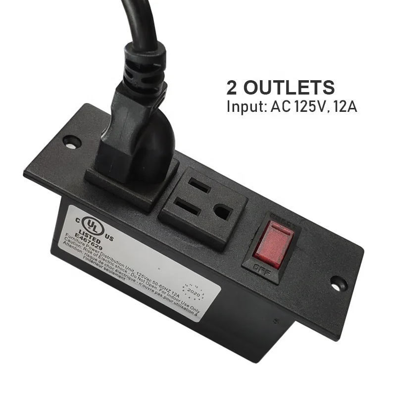 Montável embutida Power Strip móveis, soquete de bolso, US Outlet com protetor contra surtos, mesa de secretária, USB, 2 superfícies de saída