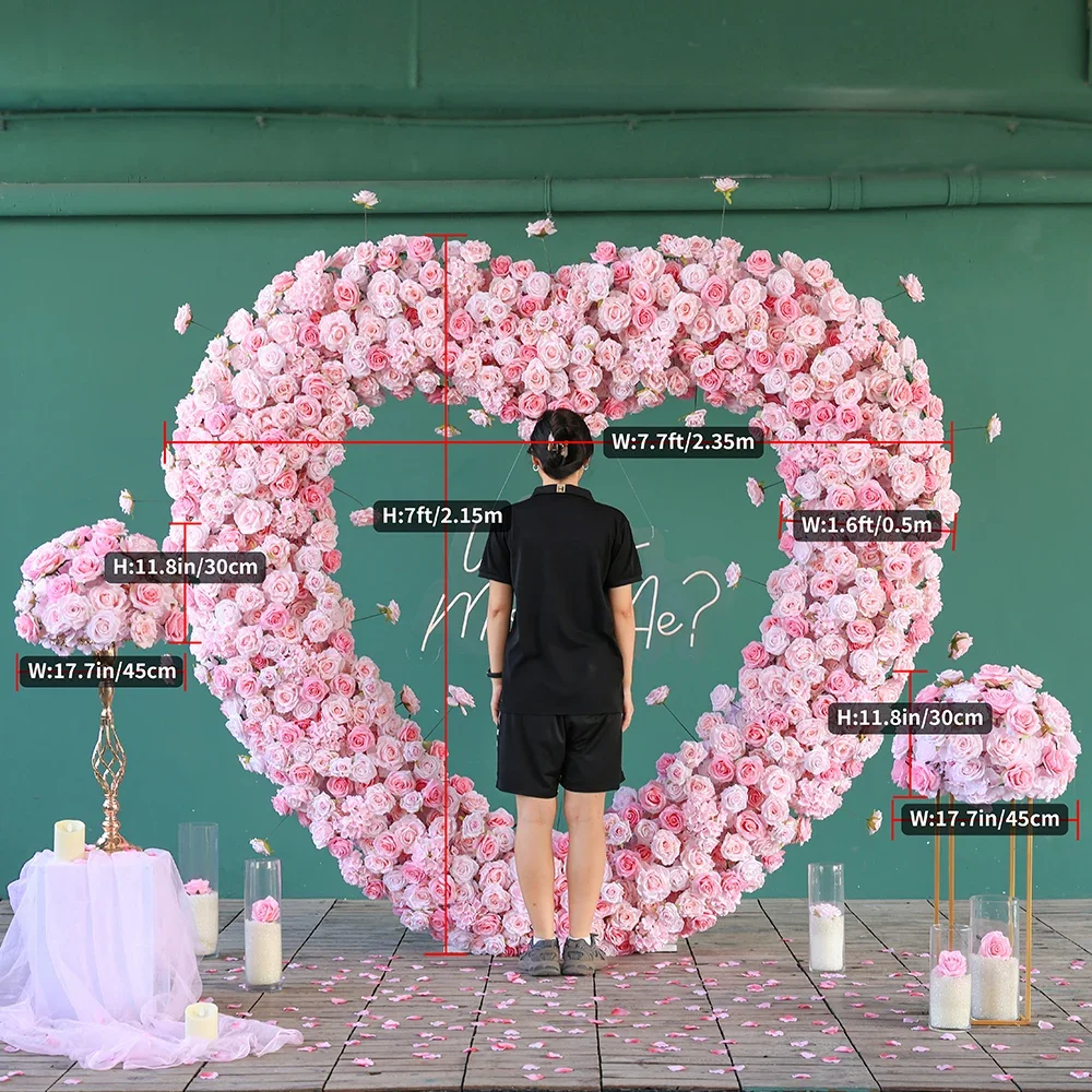 Wedding Backdrop Decoration Artificial Heart Shaped Pink Flower Arrangement Fake Rose Floral Proposal & Love Decor Props HY2463