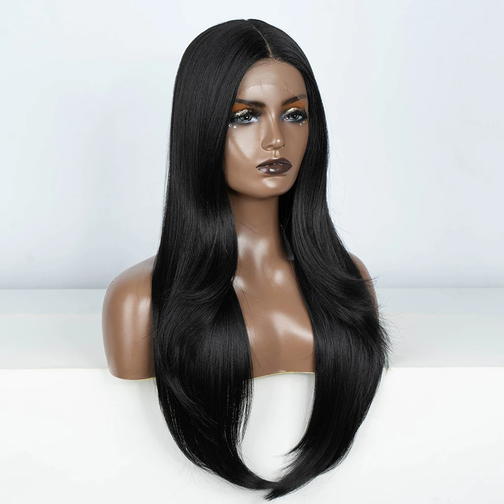 شعر مستعار بدانتيل صناعي أمامي للنساء ، طويل مستقيم ، طبقات ، 28 بوصة ، مقاوم للحرارة