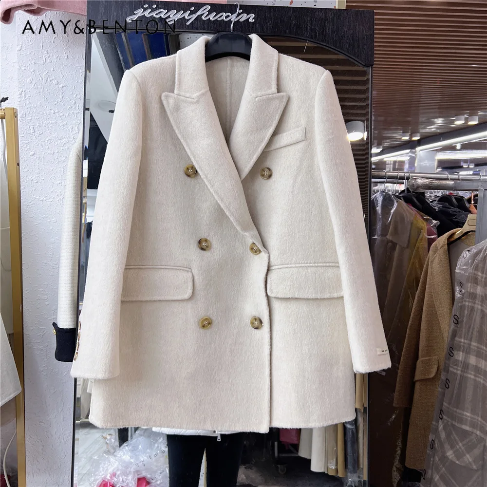 Commute Style Reversible Cashmere Coats Women Korean Fashion Double-Breasted Cross Collar Wool Coat All-Match Slim Winter Coat