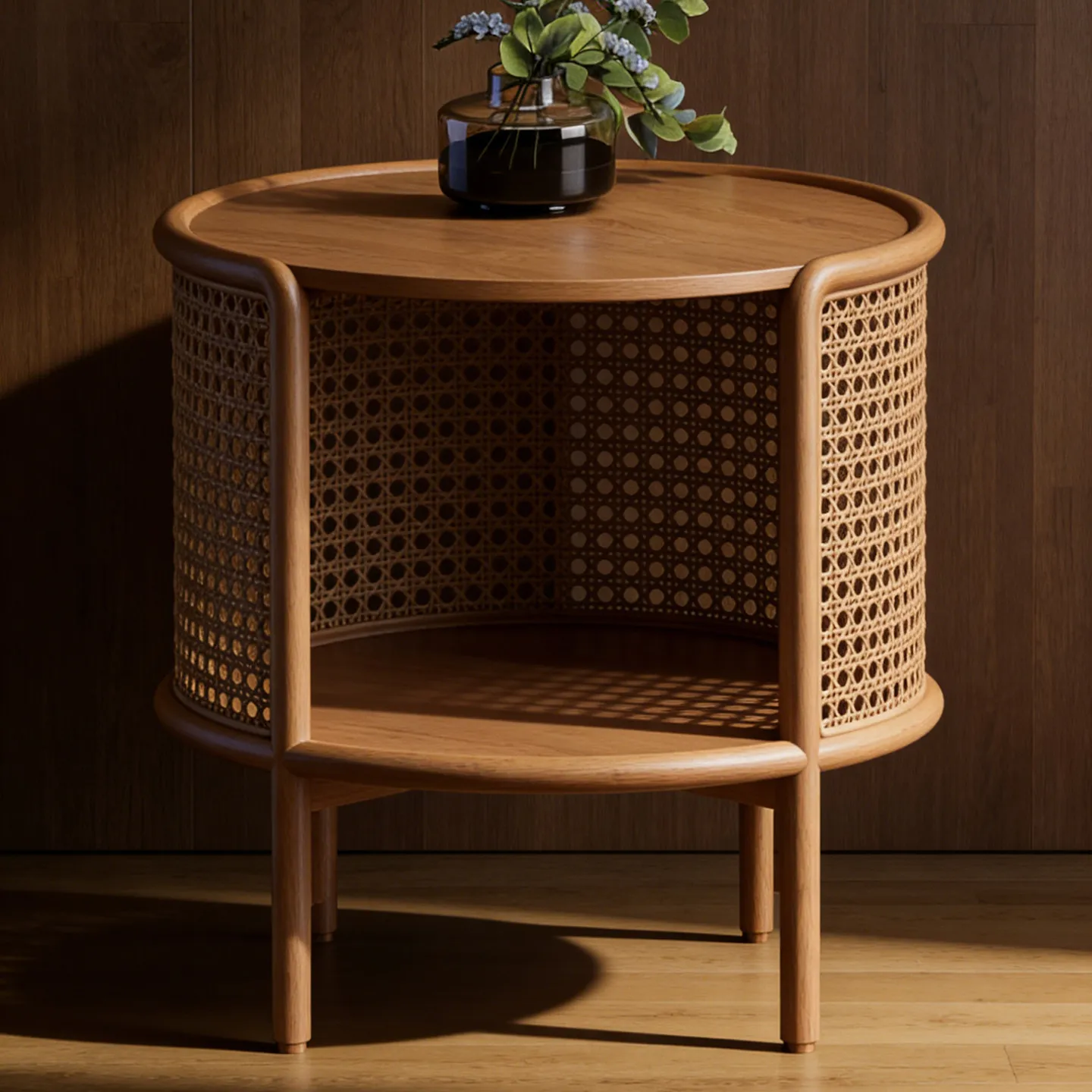 f*-Teak Wood Coffee Table Natural Color with Rattan Round Top Table for House Hotel Villa Living Room Furniture