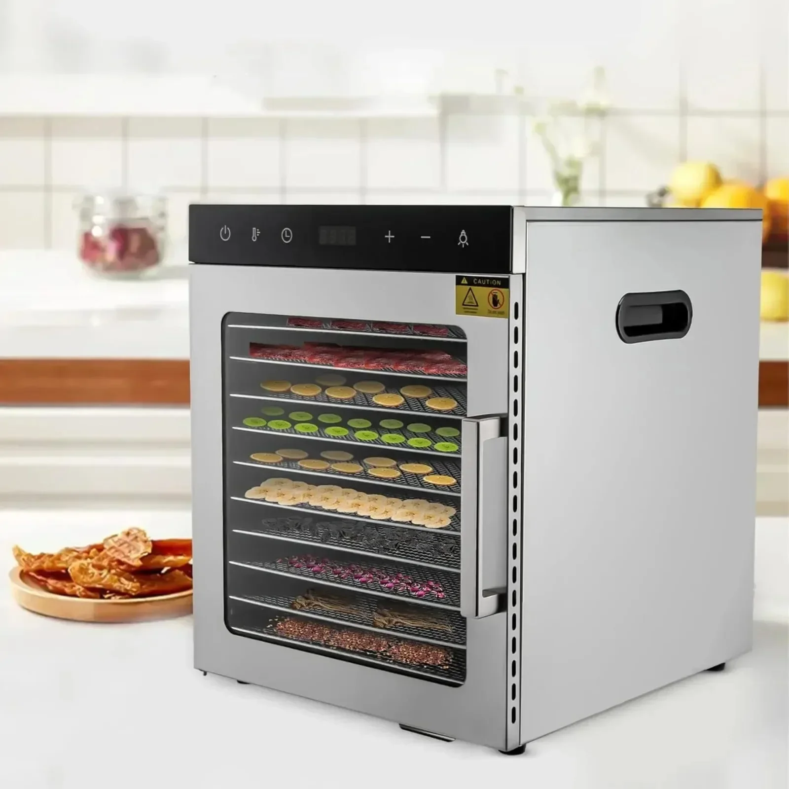 مجفف فواكه 10 طبقات من BYMAOCAR 800 وات 220 فولت مجفف من الفولاذ المقاوم للصدأ 30-90 ° C مجفف طعام قابل للتعديل مع 10 صواني