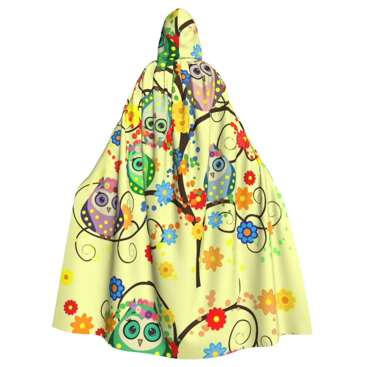 Adult Cloak Cape Hooded Owls Flowering Branches Trees Medieval Costume Witch Wicca Vampire Elf Purim Carnival Party