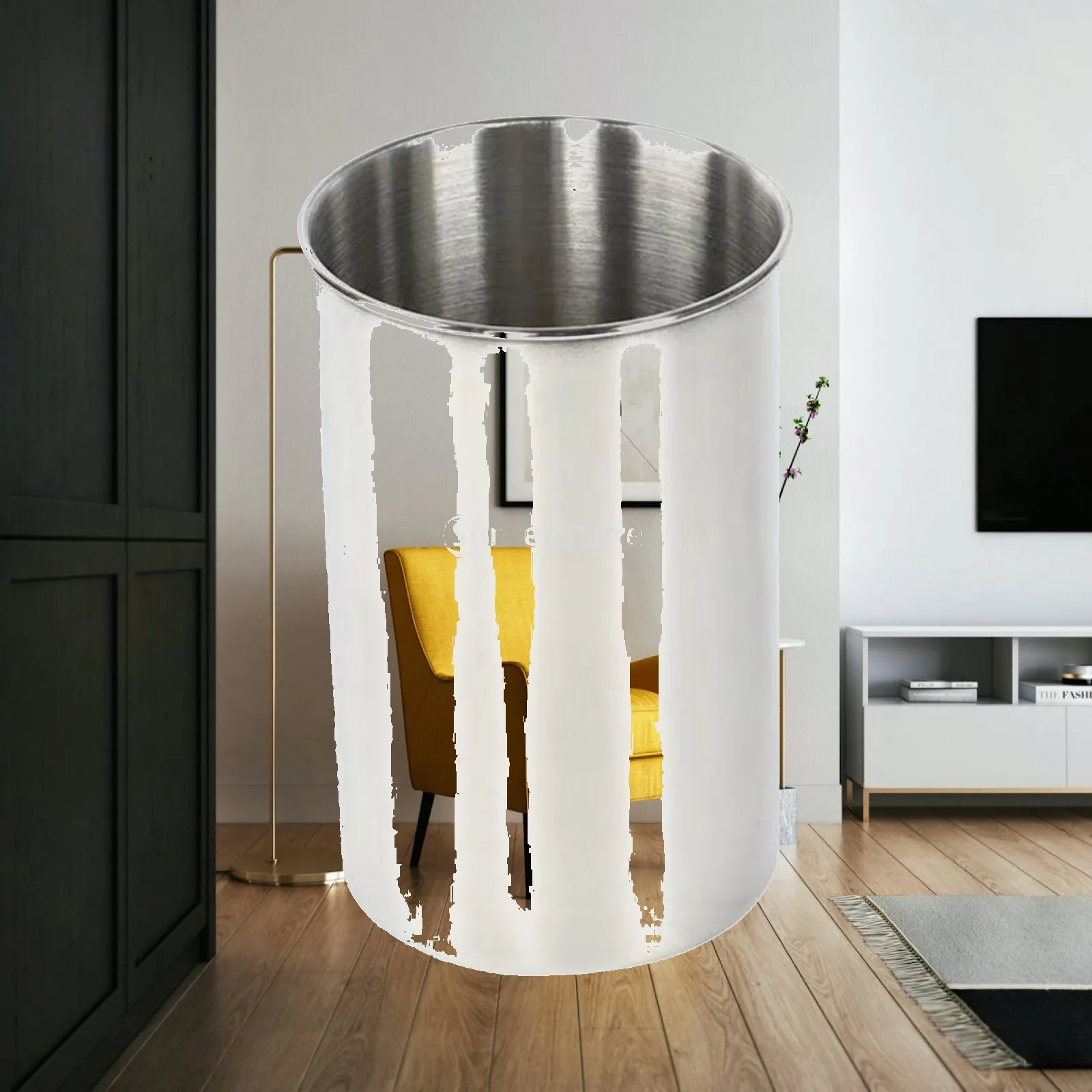 Single-walled cylindrical ice bucket made of stainless steel with rolled edges.