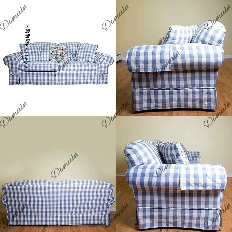 French pastoral blue and white plaid sofa fabric skirt dismantling and washing retro style B & B wabi sari