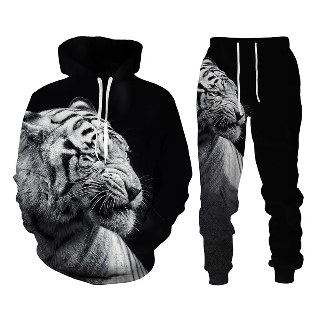 Conjuntos de pantalones con capucha y estampado 3D de tigre Animal, sudaderas informales de otoño para hombre, sudaderas con capucha, pantalones de chándal, traje de dos piezas, ropa de chándal para hombre