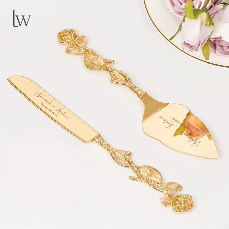 Custom Gold Cake Knife Server Set Personalized Cake Serving Set Engraved Pastry Pie Server Cake Pizza Cutter Birthday Gifts
