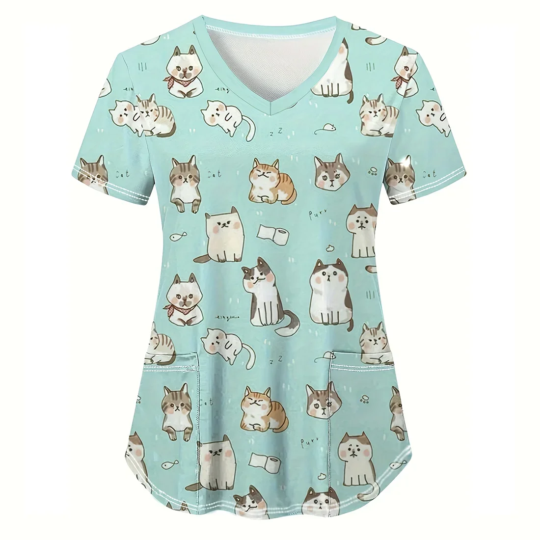 Униформа для кормления для женщин, топы для кормления домашних животных с милым котом и мультяшным принтом, модная футболка с v-образным вырезом и коротким рукавом, ветеринарная униформа, женская медицинская униформа