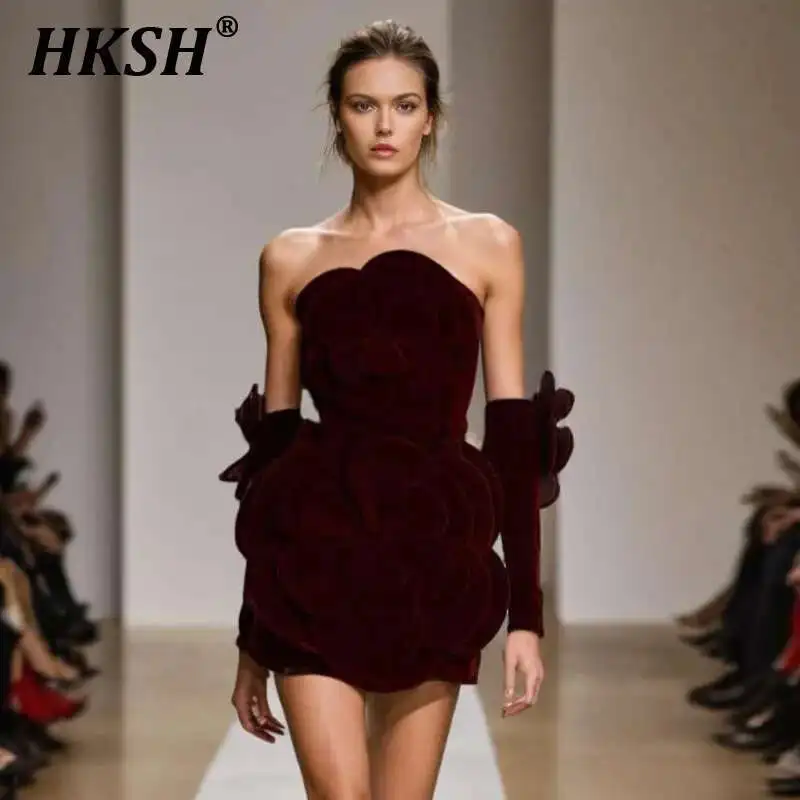 

HKSH Fashion Women's 3D Flower Strapless Evening Dress Flower Gloves High Waist Sleeveless Elegant Skirt Autumn 2025 New HK4045