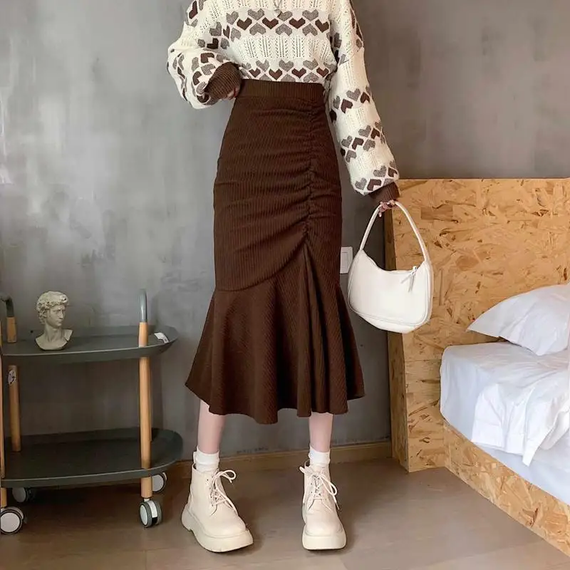 Women\'s Autumn Fashion Simplicity Solid Color High Waist A-line Skirt Women Clothes Office Lady All-match Temperament Skirt