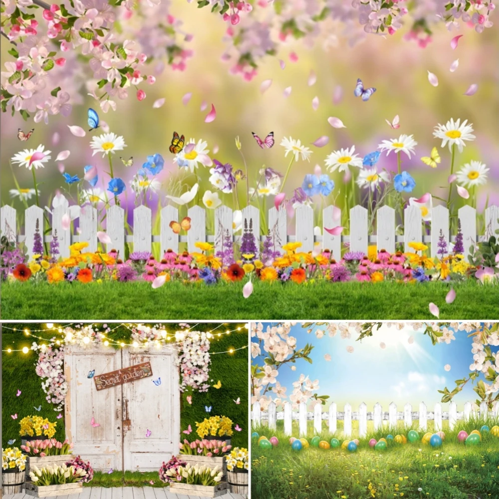 

Spring Easter Natural Scene Background Garden Flower Green Grass Floral Fence Kids Easter Decor Photography Backdrop