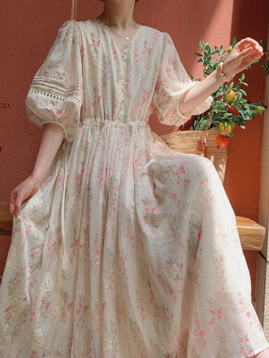 

TIYIHAILEY Spring Summer Women V-Neck Printed Embroidery Dress Half Lantern Sleeve Fashion 2025 New Long Mid-Calf Ladies Loose