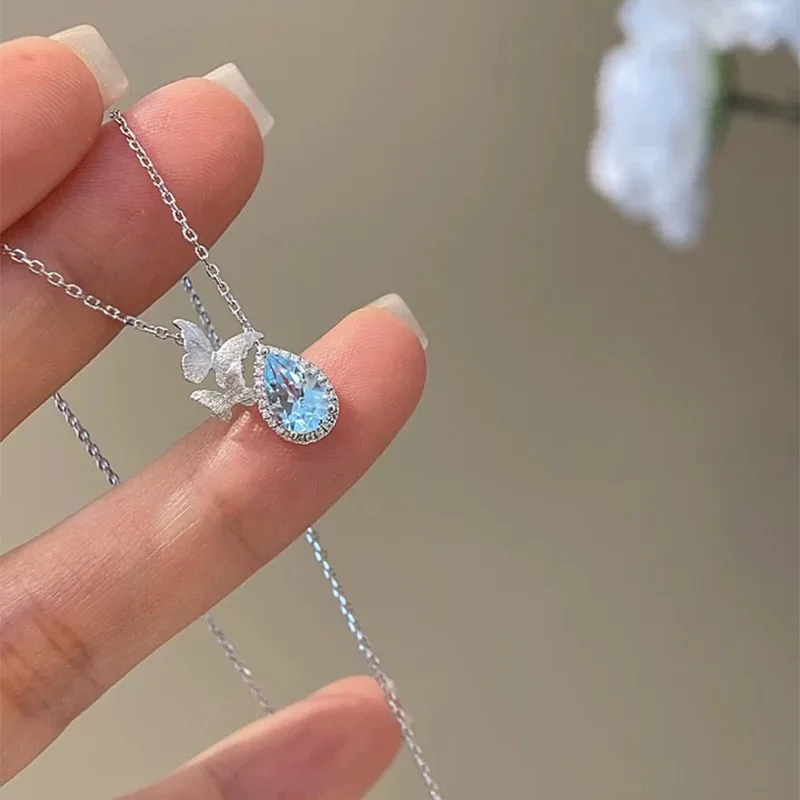 summer-new-100-s925-silver-topaz-butterfly-necklace-7-11-light-blue-water-drop-pendant-fashion-wedding-jewelry