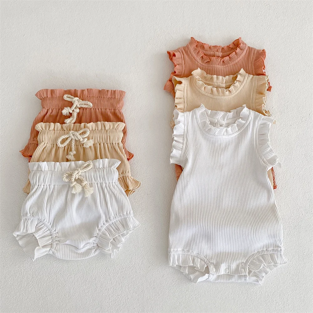 Soft Breathable Newborn Baby Ribbed Clothes Set Ruffle Sleeveless Boy Girl Bodysuit and Elastic Wait Pp Shorts Bloomer 0-24M