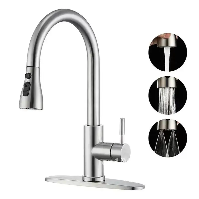 Kitchen Faucet Hot and Cold Rotatable 304 Stainless Steel Retractable Baseplate with Piping Pull-out Vegetable Basin Sink Faucet