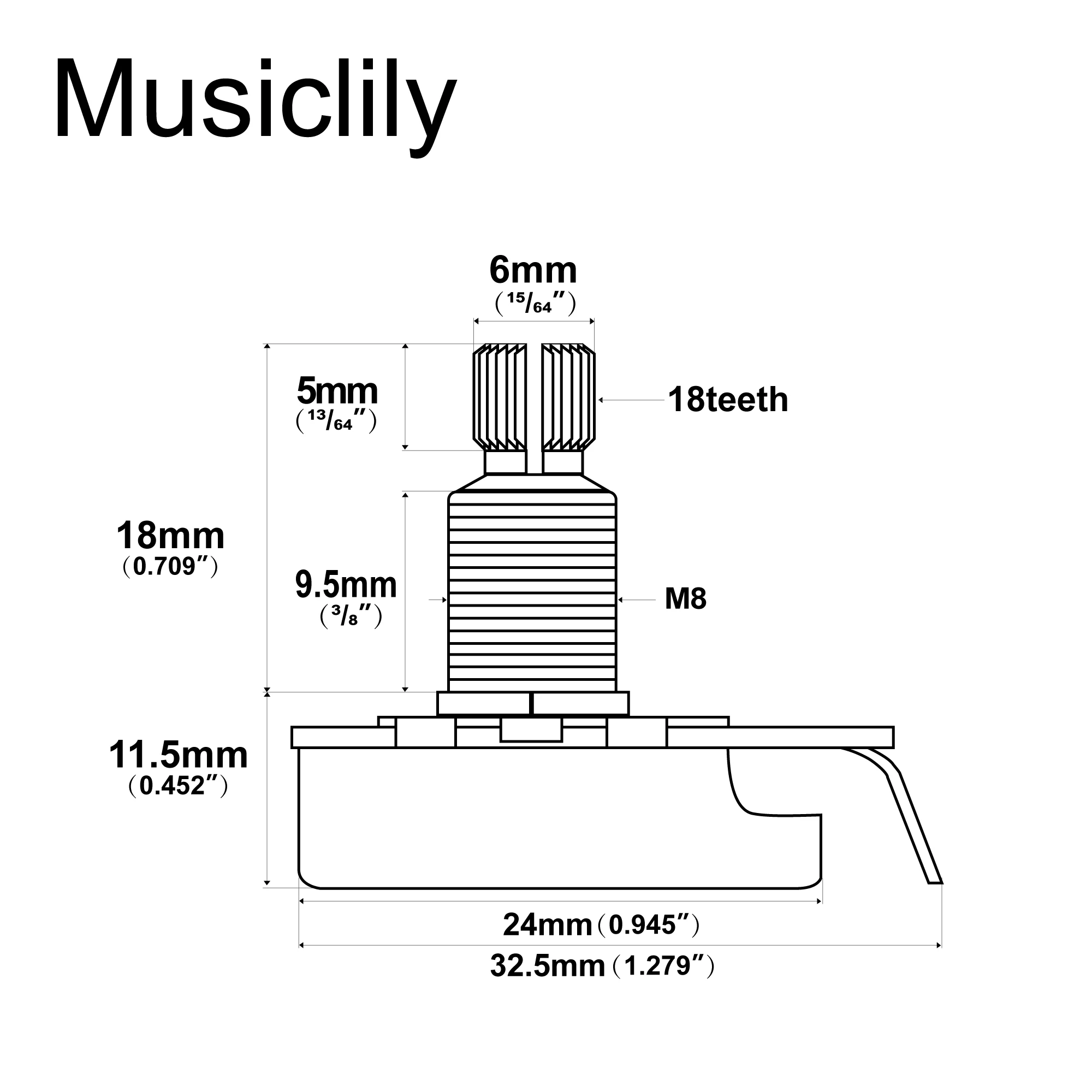 Musiclily Pro A25K/B25K/A1Meg Brass Shaft Metric Coarse 18-Spline Split Shaft Audio Taper/Linear Taper Potentiometers (Set of 2)