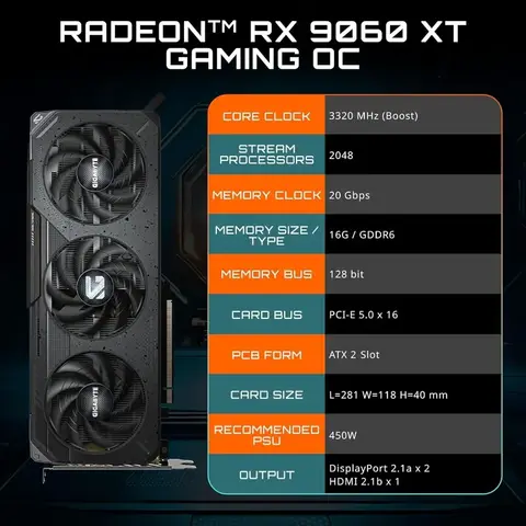 Garden Furniture  Radeon RX 9060 XT Gaming OC 16G Graphics Card, PCIe 5.0, 16GB GDDR6, GV-R9060XTGAMING OC-16GD Video Card