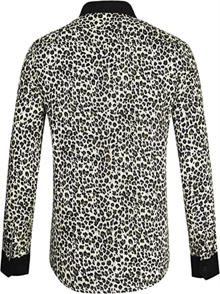 2023 Fashion New Men\'s Retro Leopard Print Animal Print Button Long Sleeve Casual Shirt S-6XL Size Black White Leopard Print