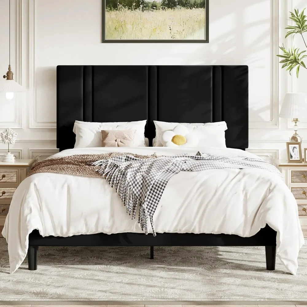 Queen Plush Velvet Platform Bed Frame & Adjustable Vertical Tufted Headboard,Sturdy Structure,Bedroom,Queen, Custom