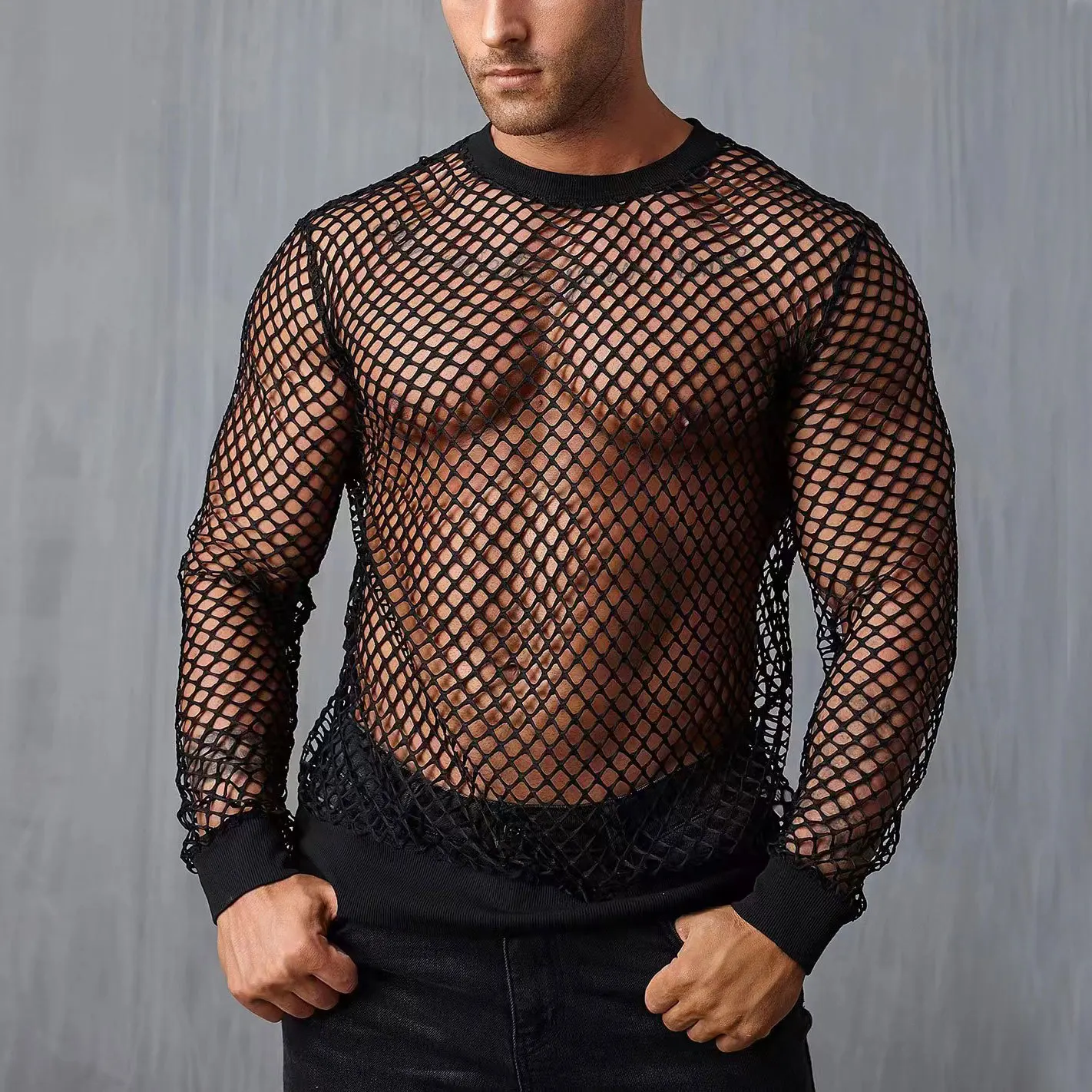 Men Sheer Fishnet Shirt Mens See Through Top Sexy Mesh Transparent Long Sleeve Muscle T-Shirt Net Undershirt Top Clubwear