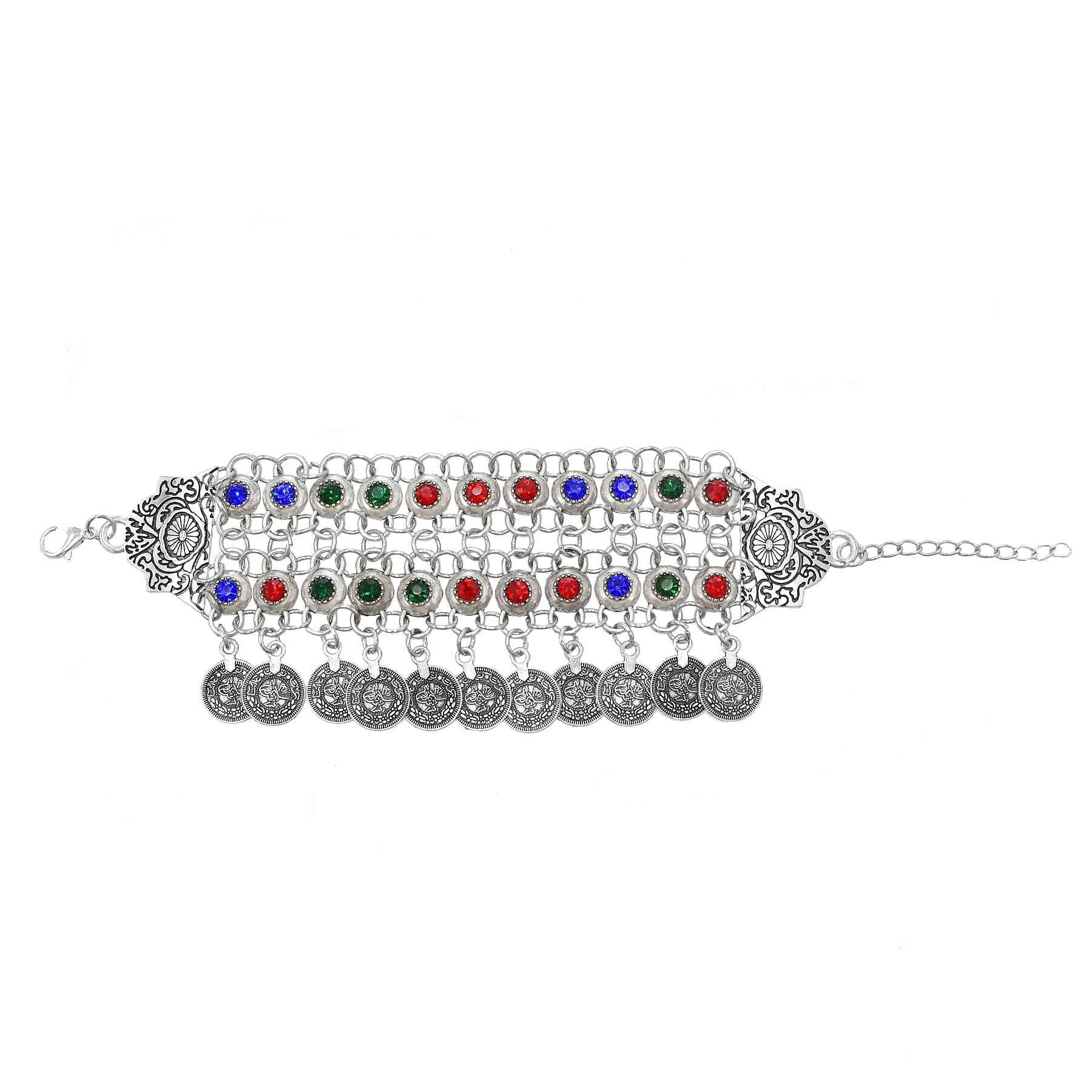 3 Style Colorful Crystal Coin Bracelet for Women Vintage Silvery Metal Craved Gypsy Tribal Ethnic Afghan Pakistan Tibet Jewelry