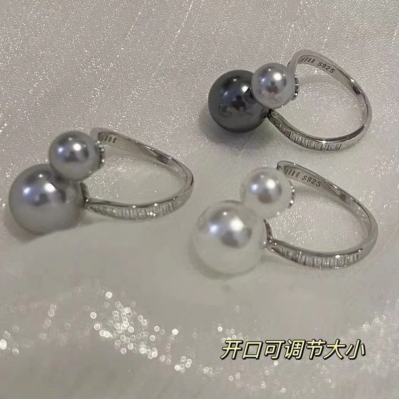 925 Sterling Silver Fashionable And Simple Full Diamond Opening Women'S Ring With High-End Temperament And Double Pearl Jewelry