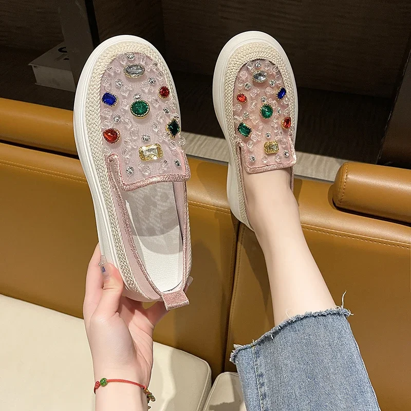 2024 Summer New Mesh Le Fu Shoes Thick Bottom Crystal Beaded Flat Shoes Luxury Designer Single Shoes zapatillas deportivas mujer