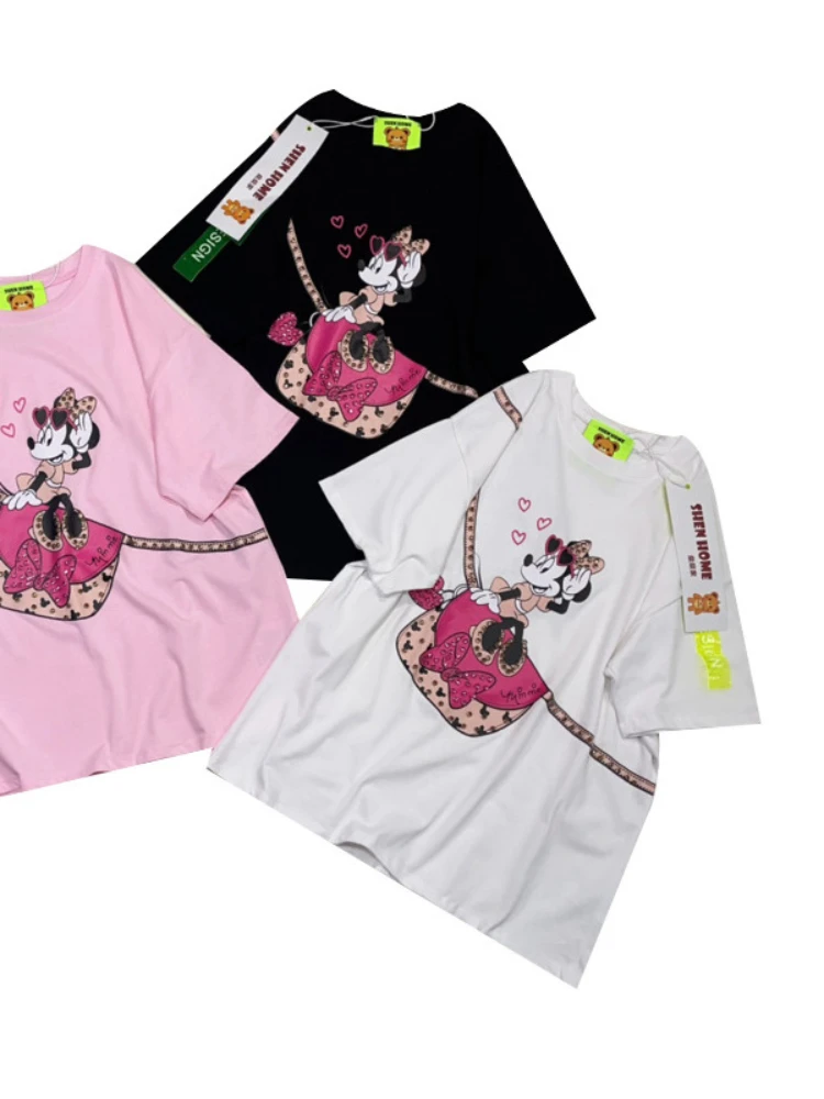 Camiseta de manga corta con estampado de dibujos animados para mujer, Top holgado de longitud media, estilo coreano, informal, con diamantes de imitación, novedad de verano 2024