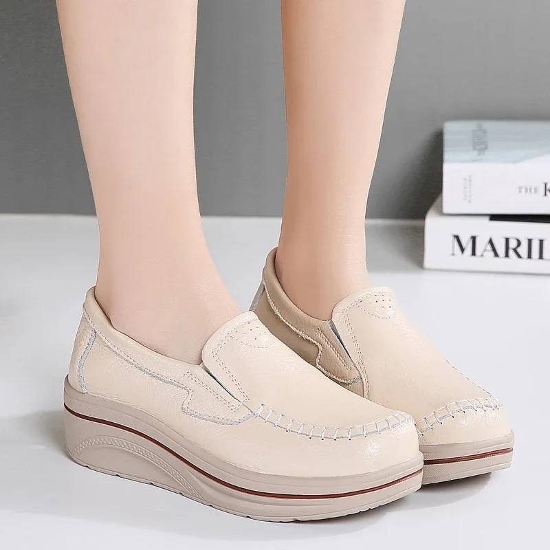 Genuine Leather Thick Bottom Casual Sneakers Women Height Increase Waterproof Loafers Ladies Slip-on Moccasins Flatform Wedges