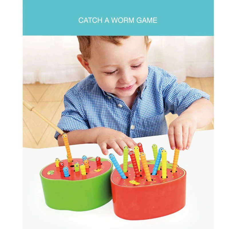 T84C-Giocattoli per bambini Giocattoli educativi in legno per la prima infanzia Cattura magnetica Gioco di vermi Colore cognitivo