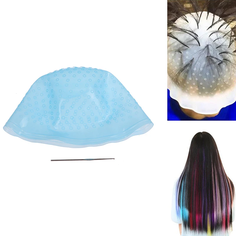 2Pcs Silicone Hair Styling Coloring Cap + Hook Needle Color Dye Highlighting Dye Cap