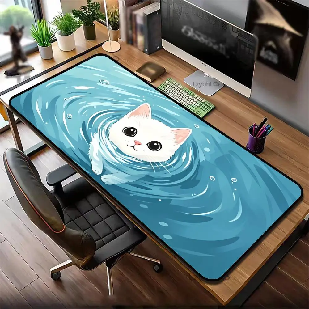 Cute White Cat in Blue Water Mouse Pad XXL  Swimming Design, Non-Slip Rubber Base, Large Desk Mat for Gamers & Office