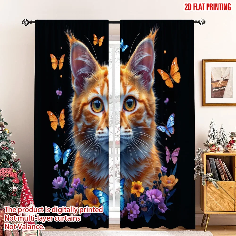 2pcs 2D flat printing Drapes Cosmic Cat Psychedelic Mushrooms Digital Printed Polyester Drapes Festive Wall Decor Perfect for