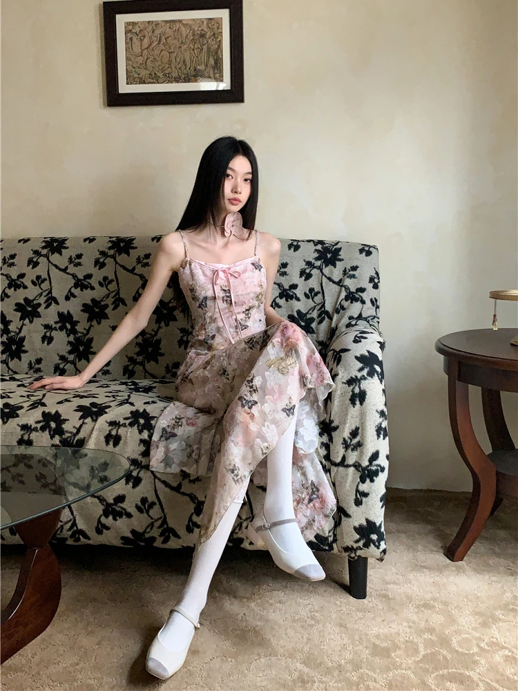 CHEERART ผีเสื้อดอกไม้สีชมพู Sheer Slip Dress 2025 ผู้หญิงฤดูร้อน Designer Sundress Tunics ไม่สมมาตร Midi ชุดเสื้อผ้า