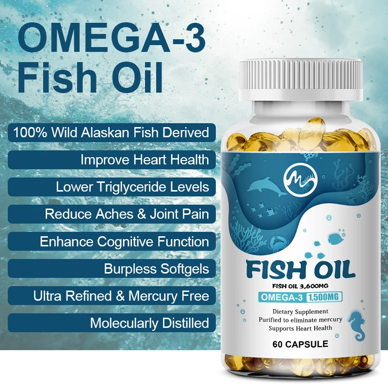 น้ำมันปลา Mutsweet Omega-3น้ำมันปลา3600มก. เพิ่มแรงดันหัวใจช่วยเพิ่มความจำเพิ่มไฟเบอร์บรรเทาอาการเจ็บปวดวิตามินอีสนับสนุนหัวใจสำหรับผู้ใหญ่